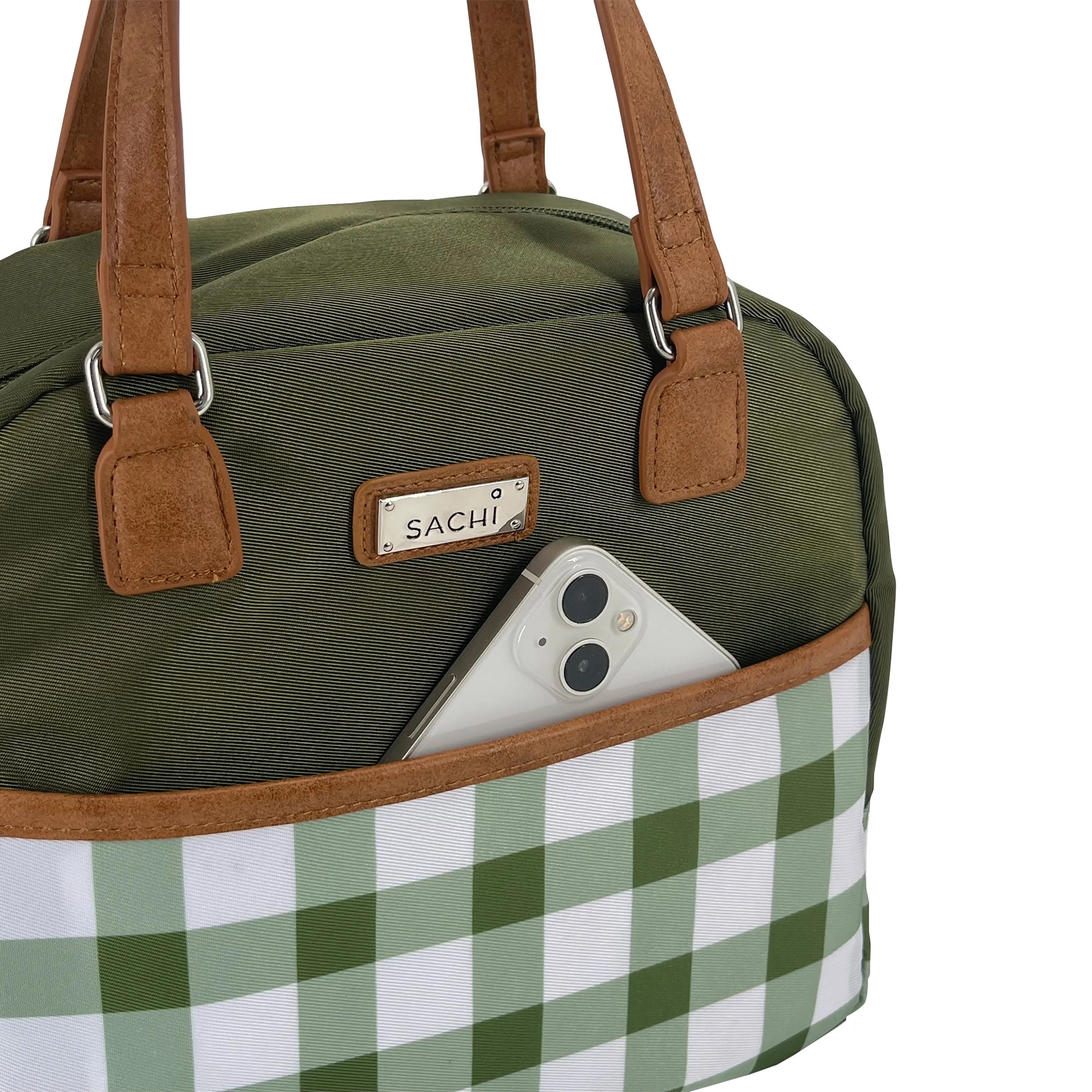 Sachi Insulated Cali Lunch Bag - Olive Green Gingham