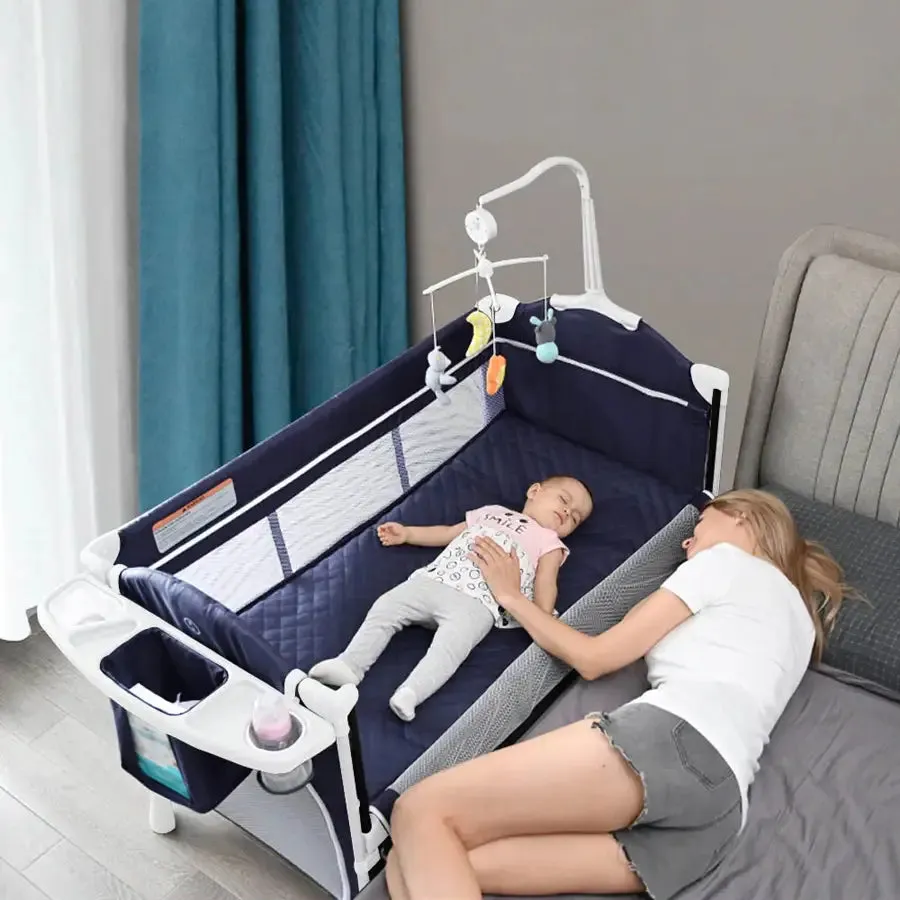 Teknum 4 in 1 Baby Bedside Co-Sleeper Bassinet/Crib and Playpen wt Rocker (Navy Blue)