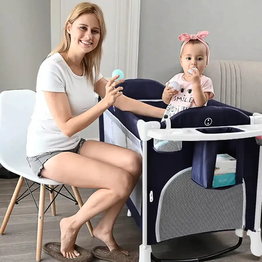 Teknum 4 in 1 Baby Bedside Co-Sleeper Bassinet/Crib and Playpen wt Rocker (Navy Blue)