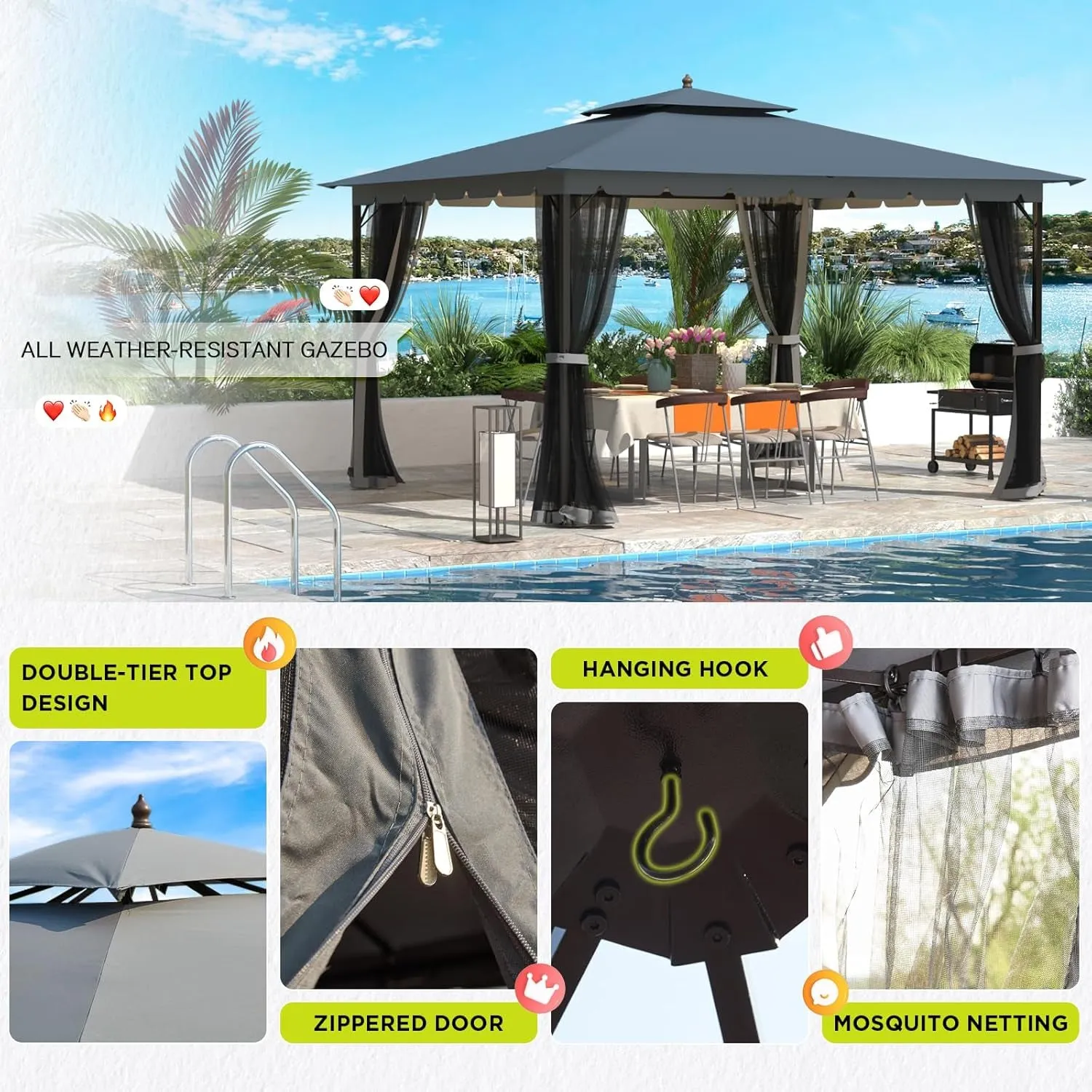 [Upgraded] 10X12 Gazebo with Mosquito Netting,Sturdy Metal Outdoor Patio Gazebo[Heavy Duty Frame],Gazebo Canopy Tent with Dual Air Roof,Patio Canopy Gazebo,Wind Resistant/Waterproof for Deck