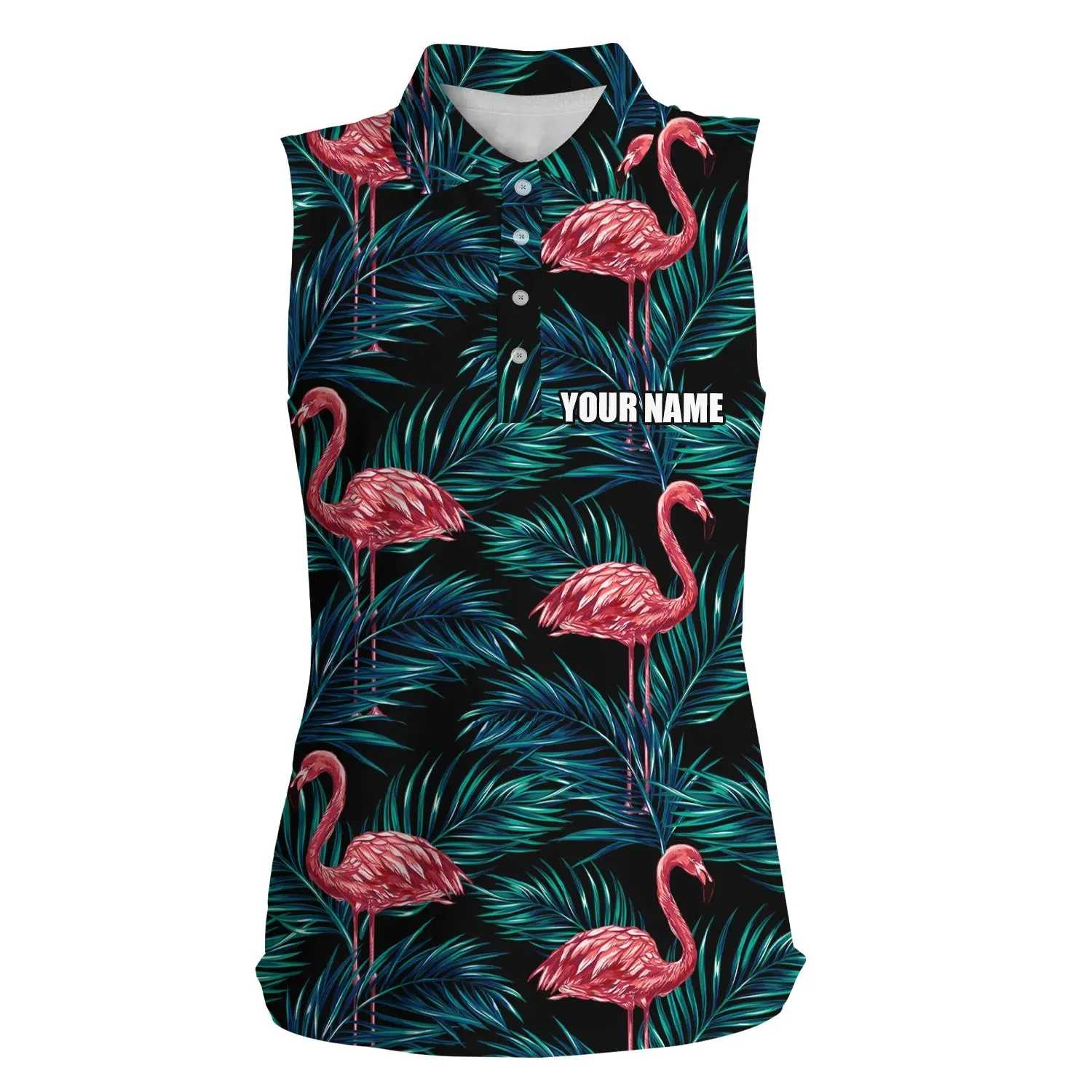 Women sleeveless polo shirts flamingo tropical palm leaves pattern, custom team golf polo shirts